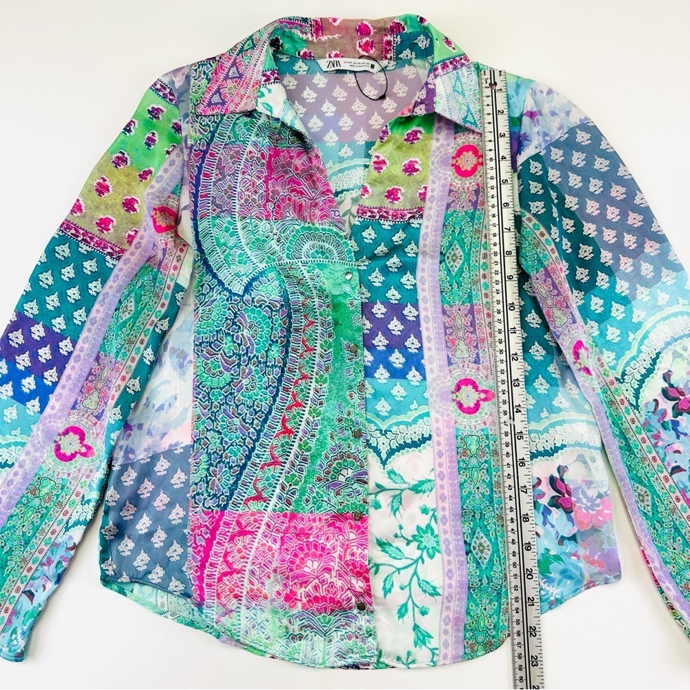 Zara bright patchwork blouse XS Oversize pink turquoise print button up Bohemian - Picture 6 of 11